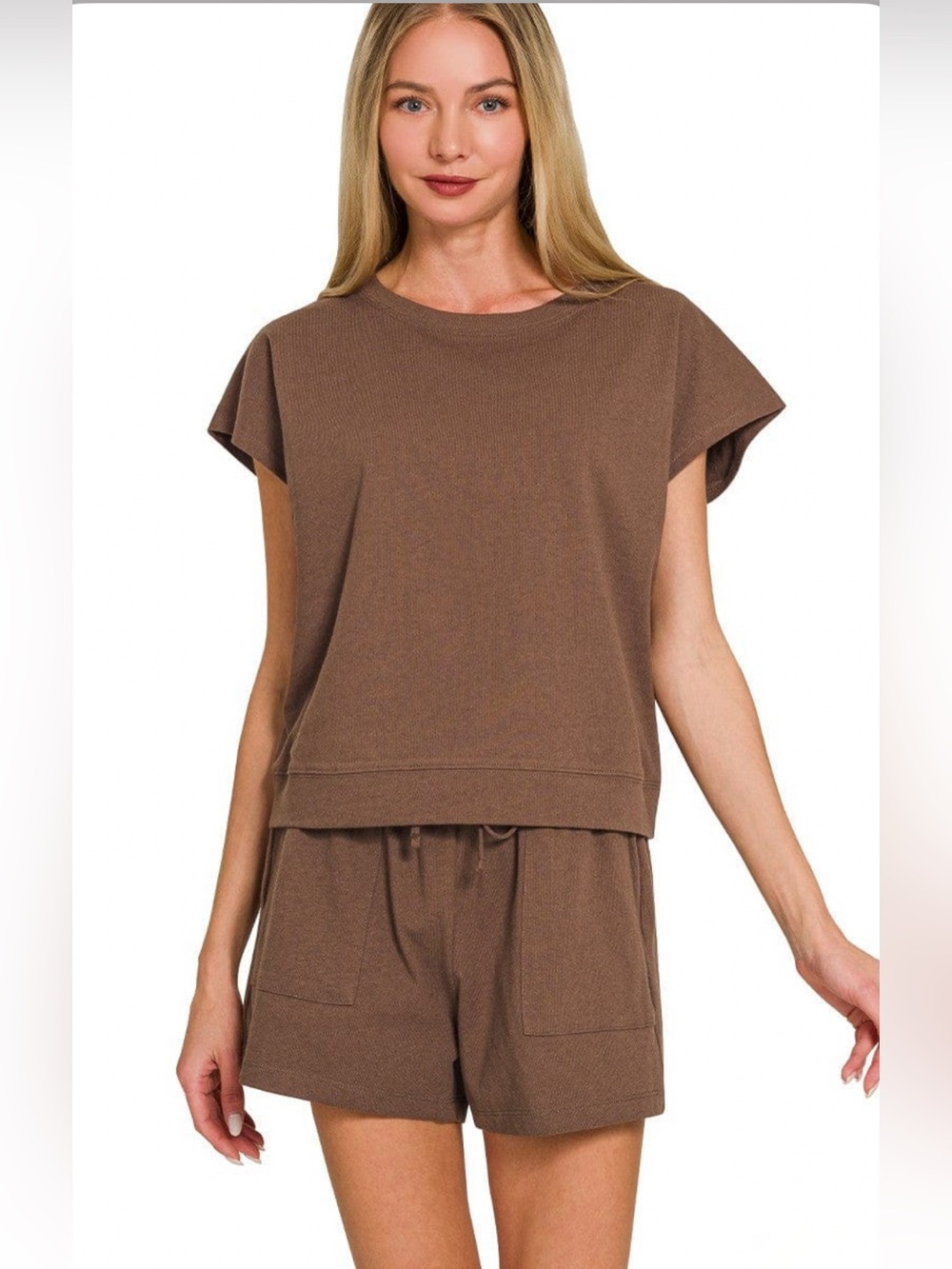 Zenana 100% Cotton Brown Short Sleeve Lounge Set Size Small